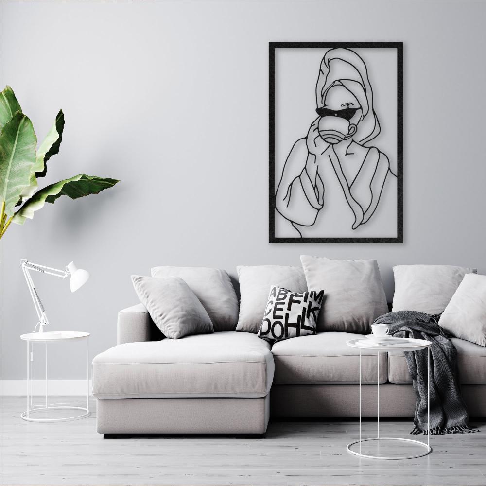 Lady with Coffee Metal Wall Art in a living room