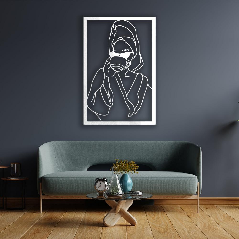 Lady with Coffee Metal Wall Art in a living room