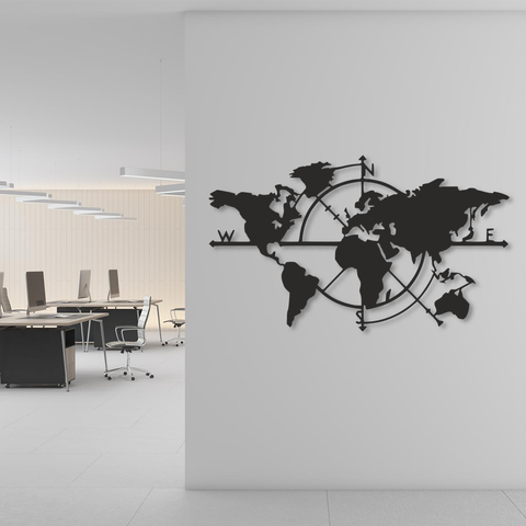 World Map Compass Metal Wall Art – Galvanized Steel Office Decor