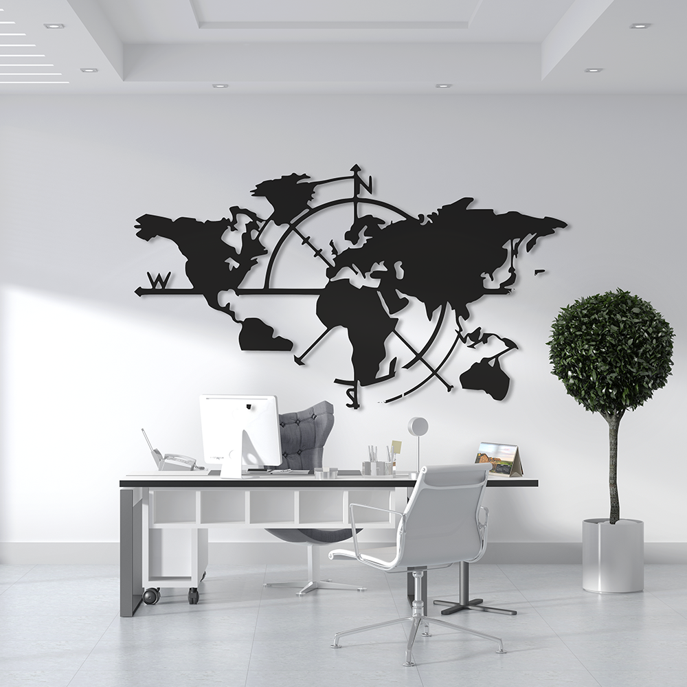 World map wall decoration in a modern office setting with a desk and chairs.