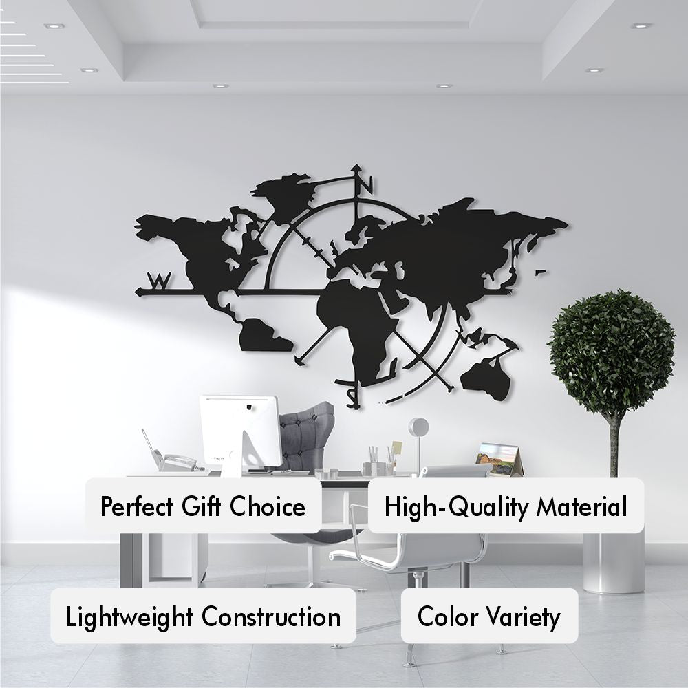 World map wall decoration in a modern office setting with text highlighting features.
