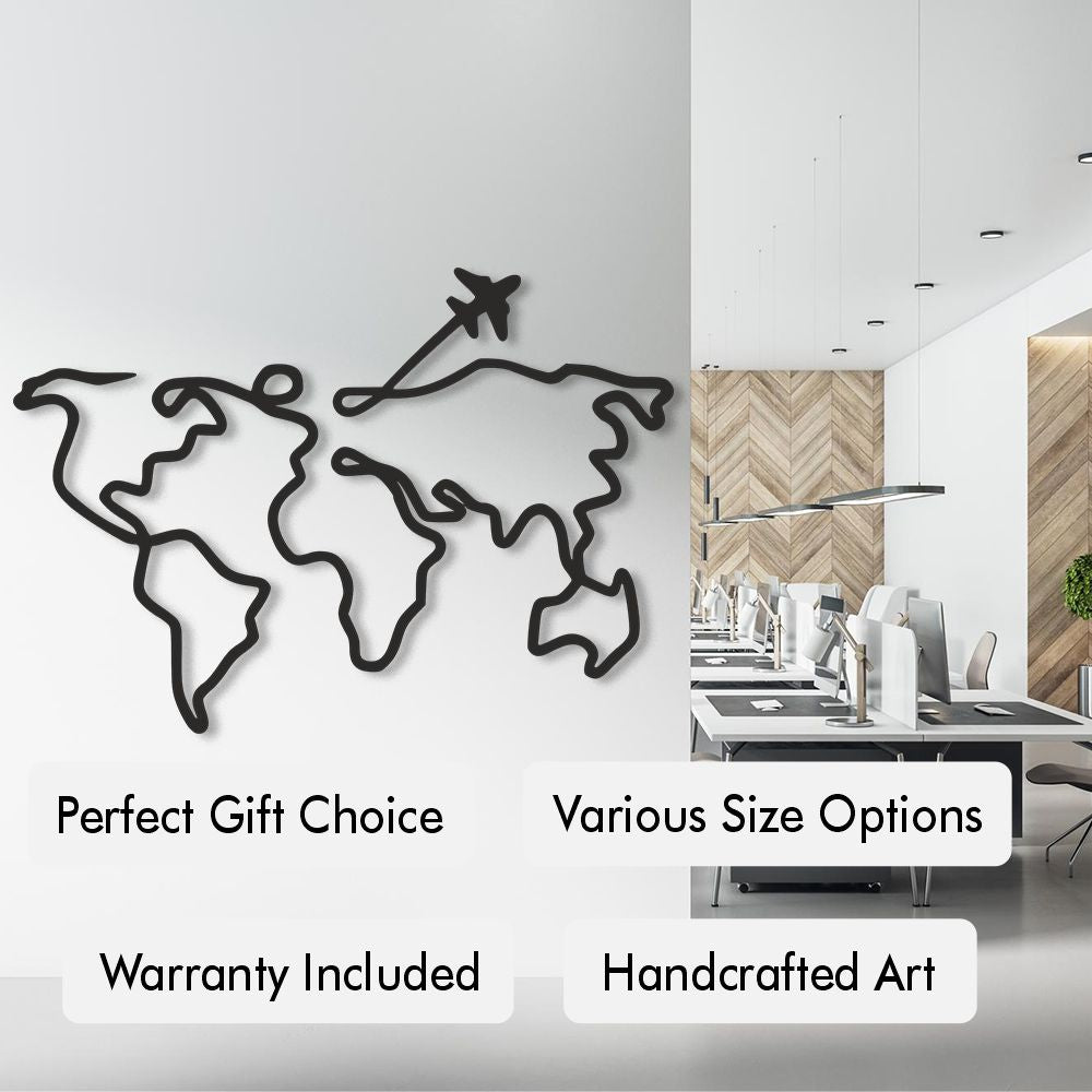 World map wall art with airplane on a light gray background, next to an office setting.